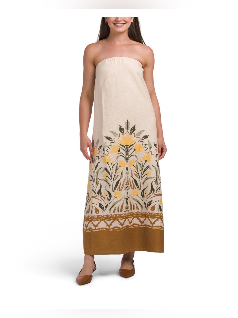 MAGASCHONI STRAPLESS CREAM AND MUSTARD MAXI DRESS